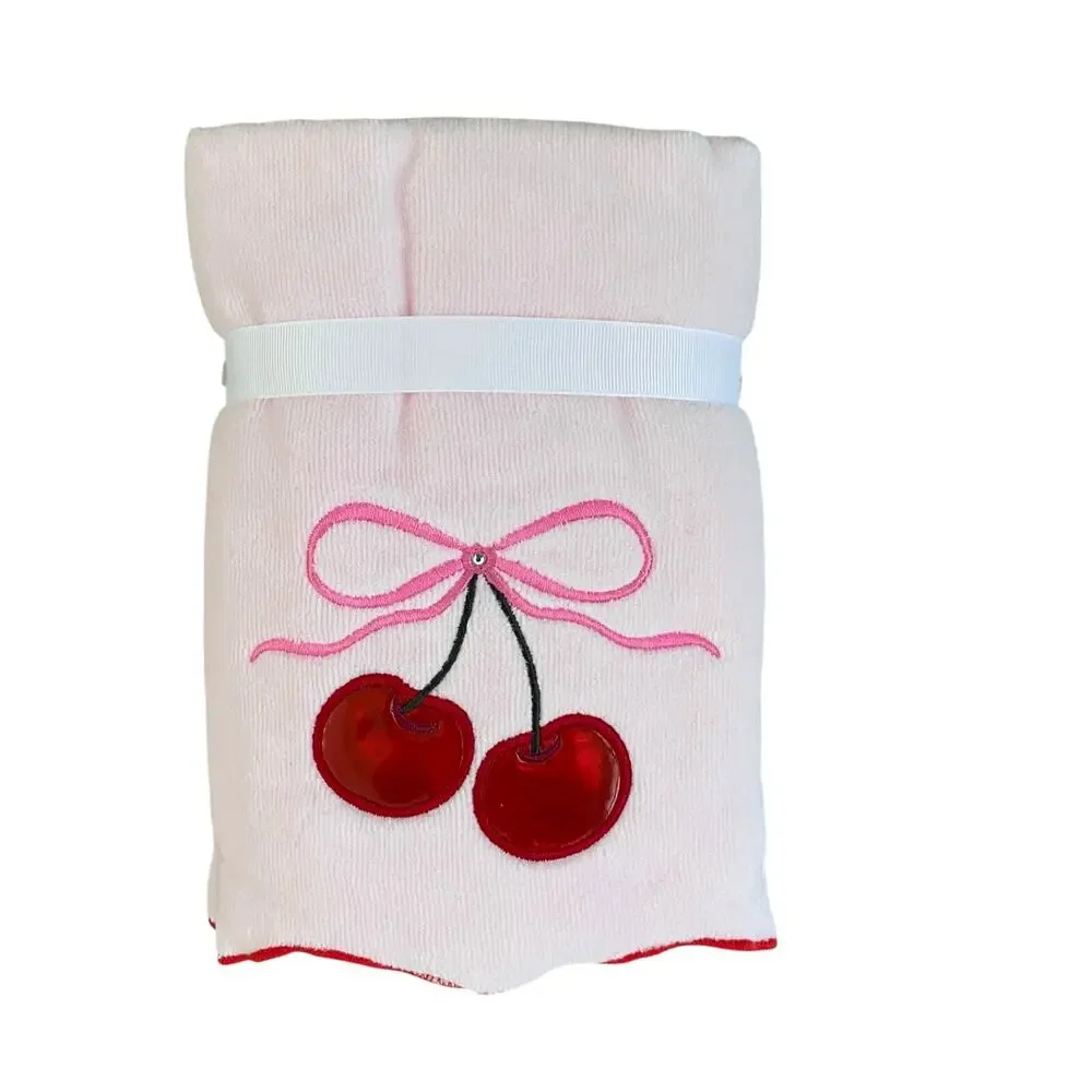 2 Pink Bow Red Leather Cherries Hand Towels Coquette Scallop Valentine's Day FUN